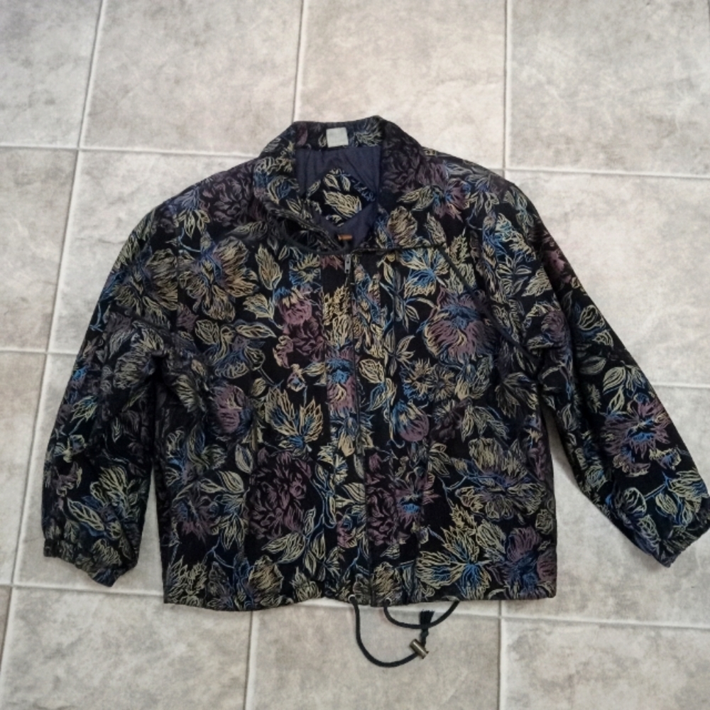 Women's size large vintage black floral leather coat